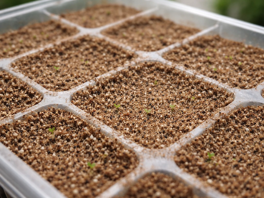Close-up of a seed tray with fine mix and tiny surface-sown begonia seedlings.