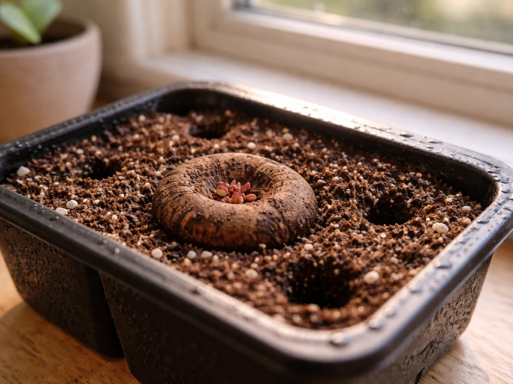 A begonia tuber in a seed-starting tray, concave side up, on a bright indoor windowsill.