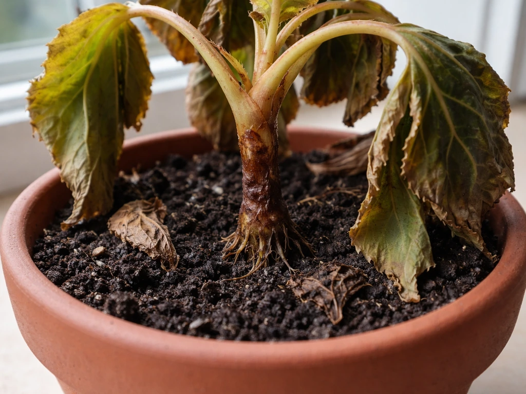 Close-up of begonia with soft brown stem at soil line and wilting leaves in a pot