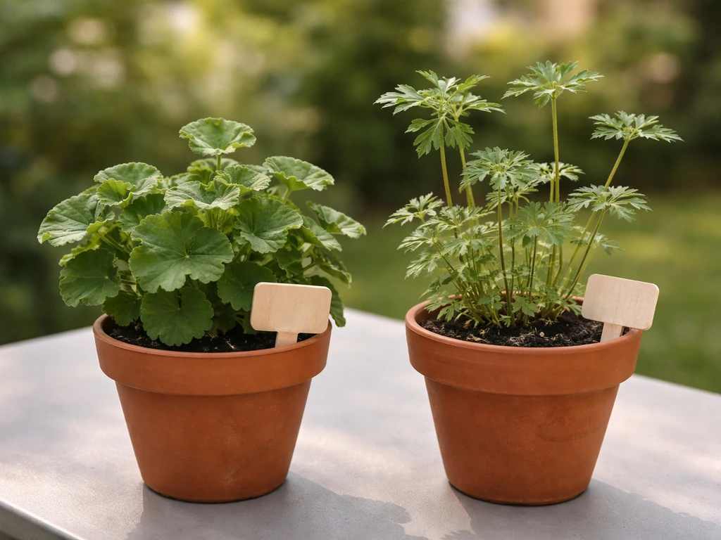 Close-up of two different potted plants labeled by type, showing pelargonium vs geranium growth differences