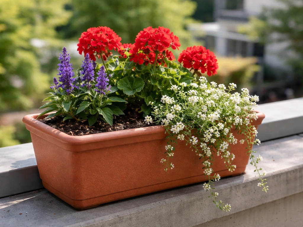 Close-up of a balcony container with geranium, sweet alyssum, and a small early companion plant
