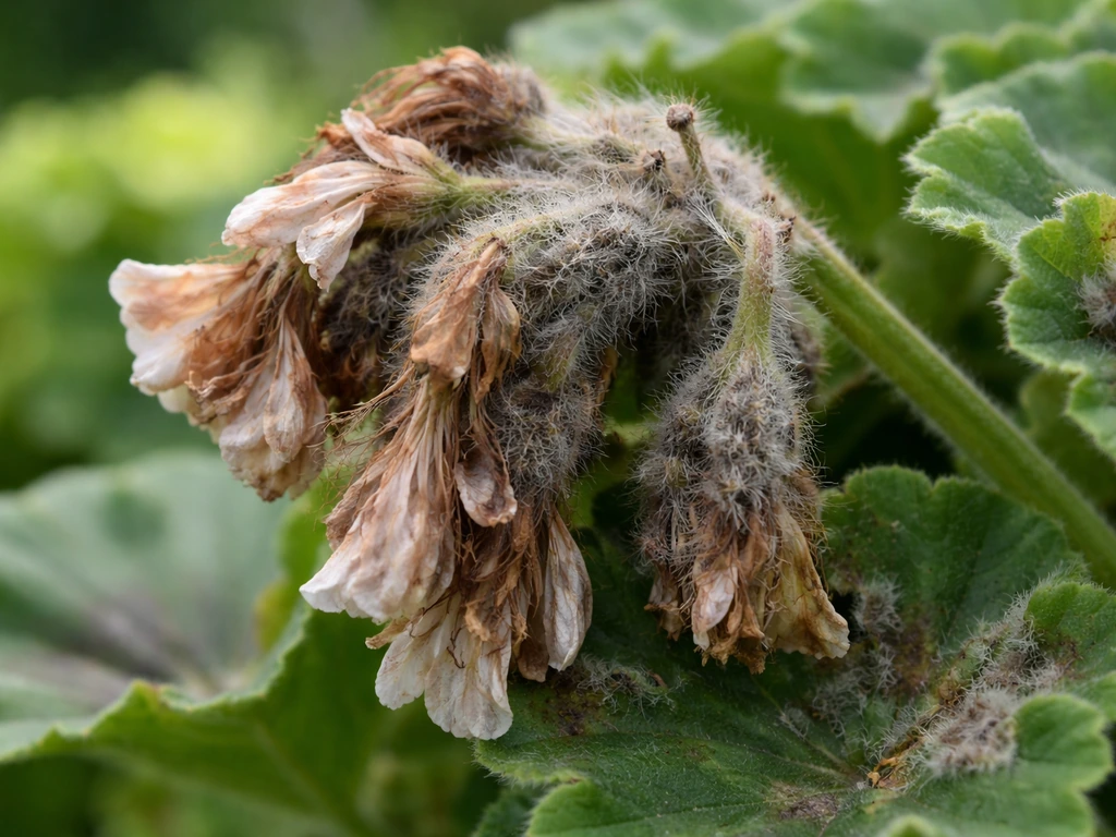 Gray-brown fuzzy botrytis mold on spent geranium flowers and nearby leaves