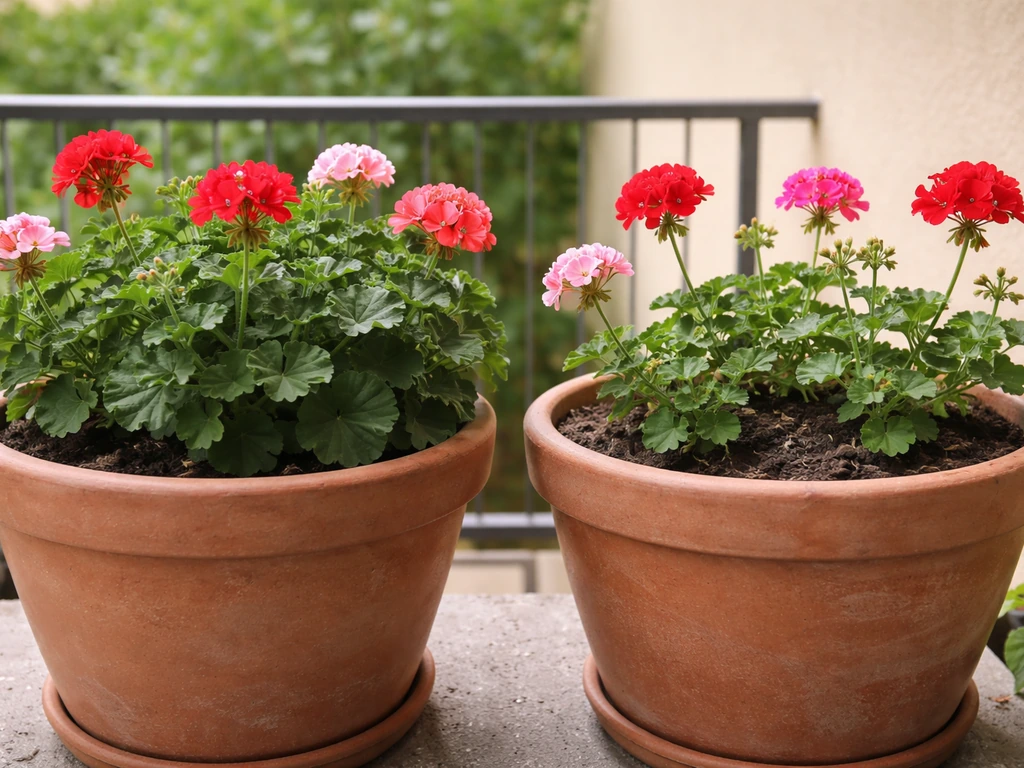 Side-by-side balcony pots: crowded geraniums on one side, properly spaced with airflow on the other.