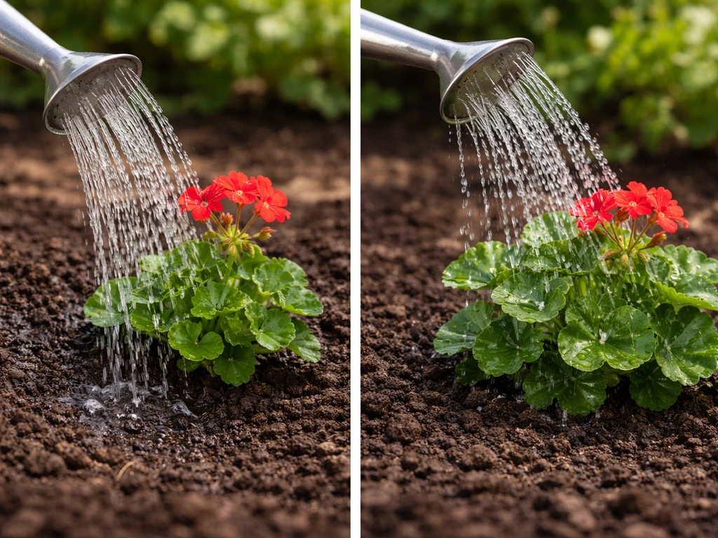 Split closeup showing watering at soil base versus watering over foliage on a garden bed