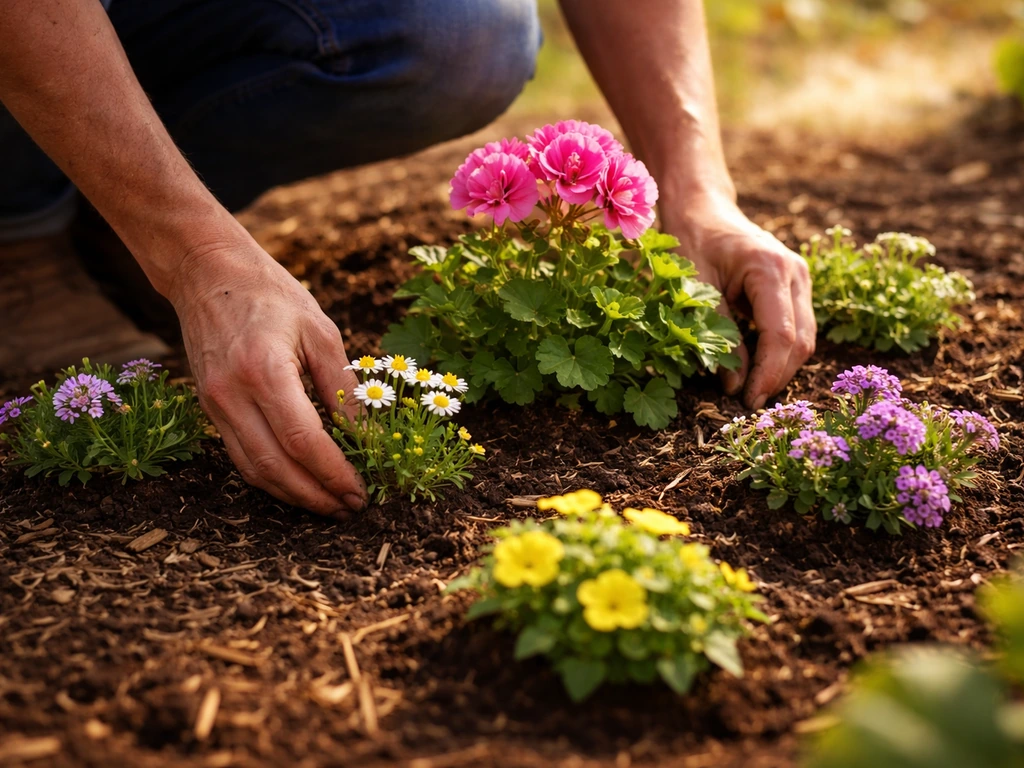 Gardener hands placing small companion plants with proper spacing around a blooming geranium in sunny soil.