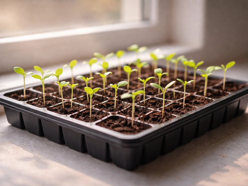 Healthy green seedlings emerging in a seed tray under bright light.