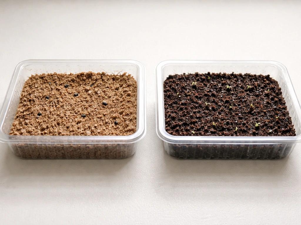 Two seed trays side by side: dry pale mix with intact seeds versus evenly moist mix with slight sprout signs.