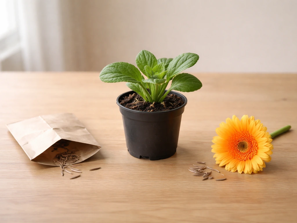 Three gerbera starts side-by-side: seeds, a small nursery plant, and saved flower seed head.