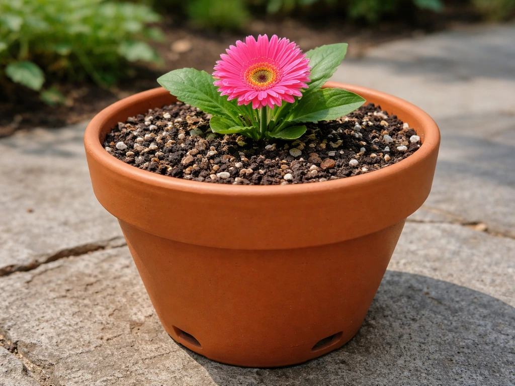 Close-up of a gerbera in a well-draining pot: airy soil, drainage holes, and crown above soil level.
