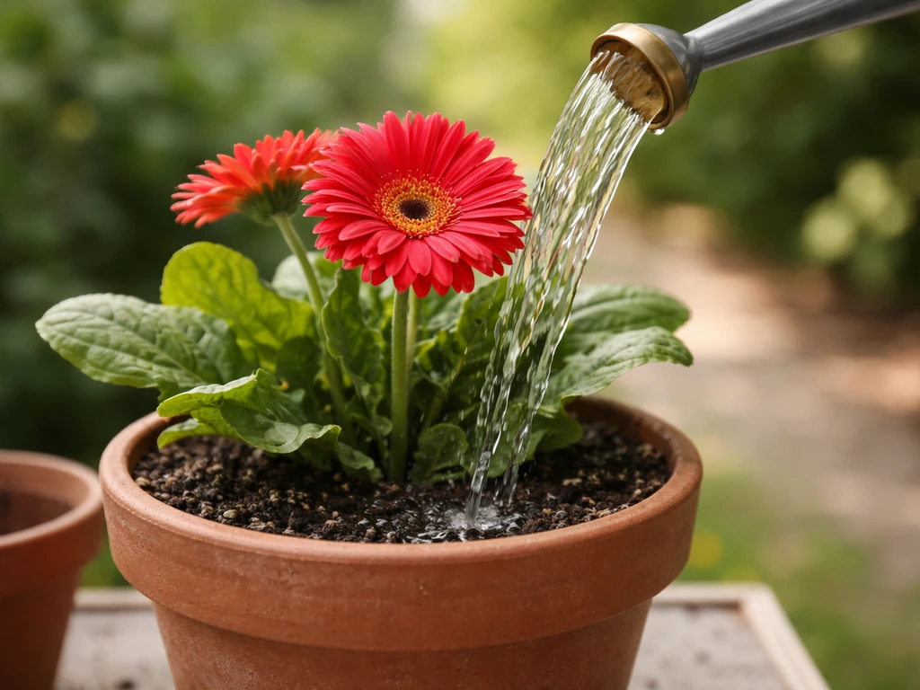 Gerbera in a pot being watered so the crown stays above wet soil, with moisture at the base.