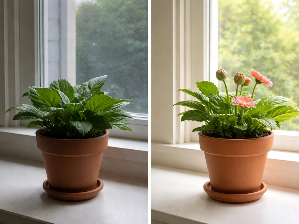 Two gerbera pots by windows: one dim and not blooming, one brighter with buds or blooms.