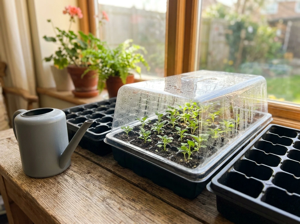 Mum seedlings indoors under a humidity dome during the seed-start window.