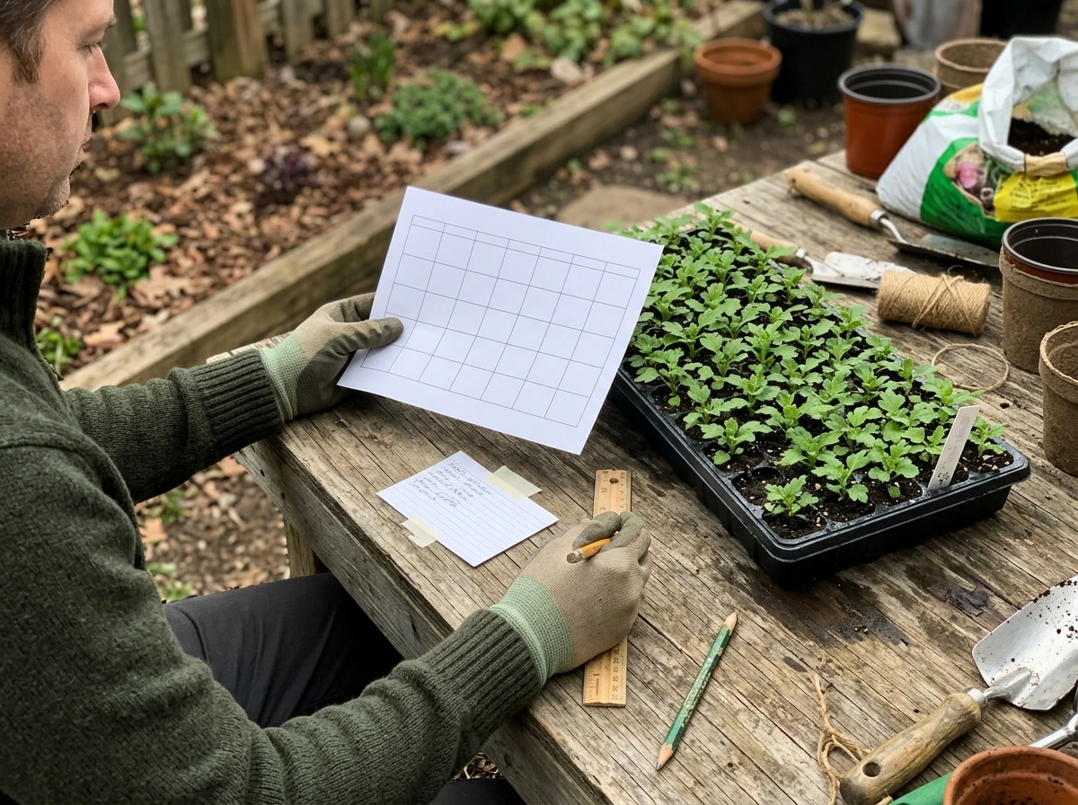 Garden planning table with seedlings and a frost-date timing reference.