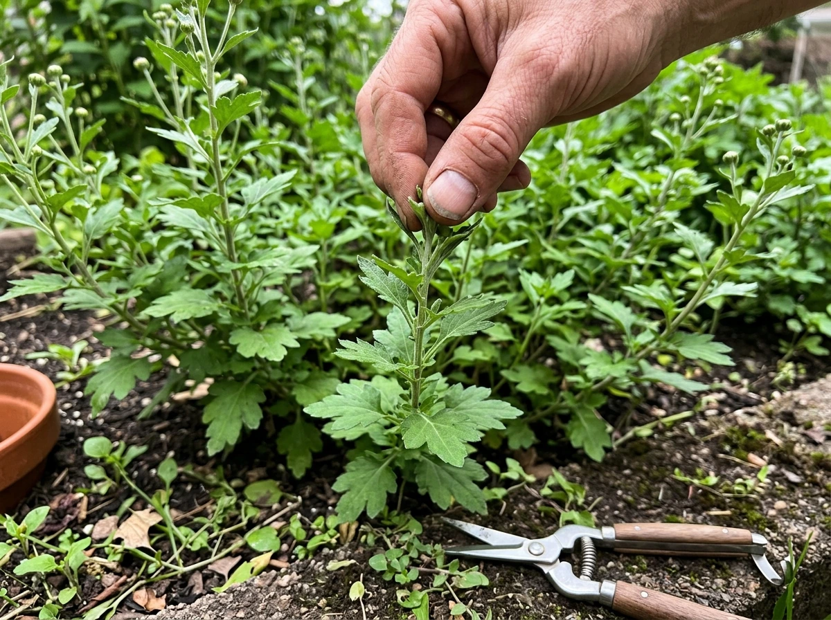 Pinching the growing tip on a mum stem to encourage branching.