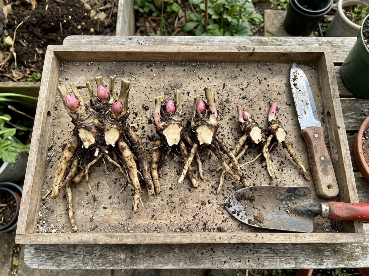 Herbaceous peony crown divisions selected and cut with a sharp tool