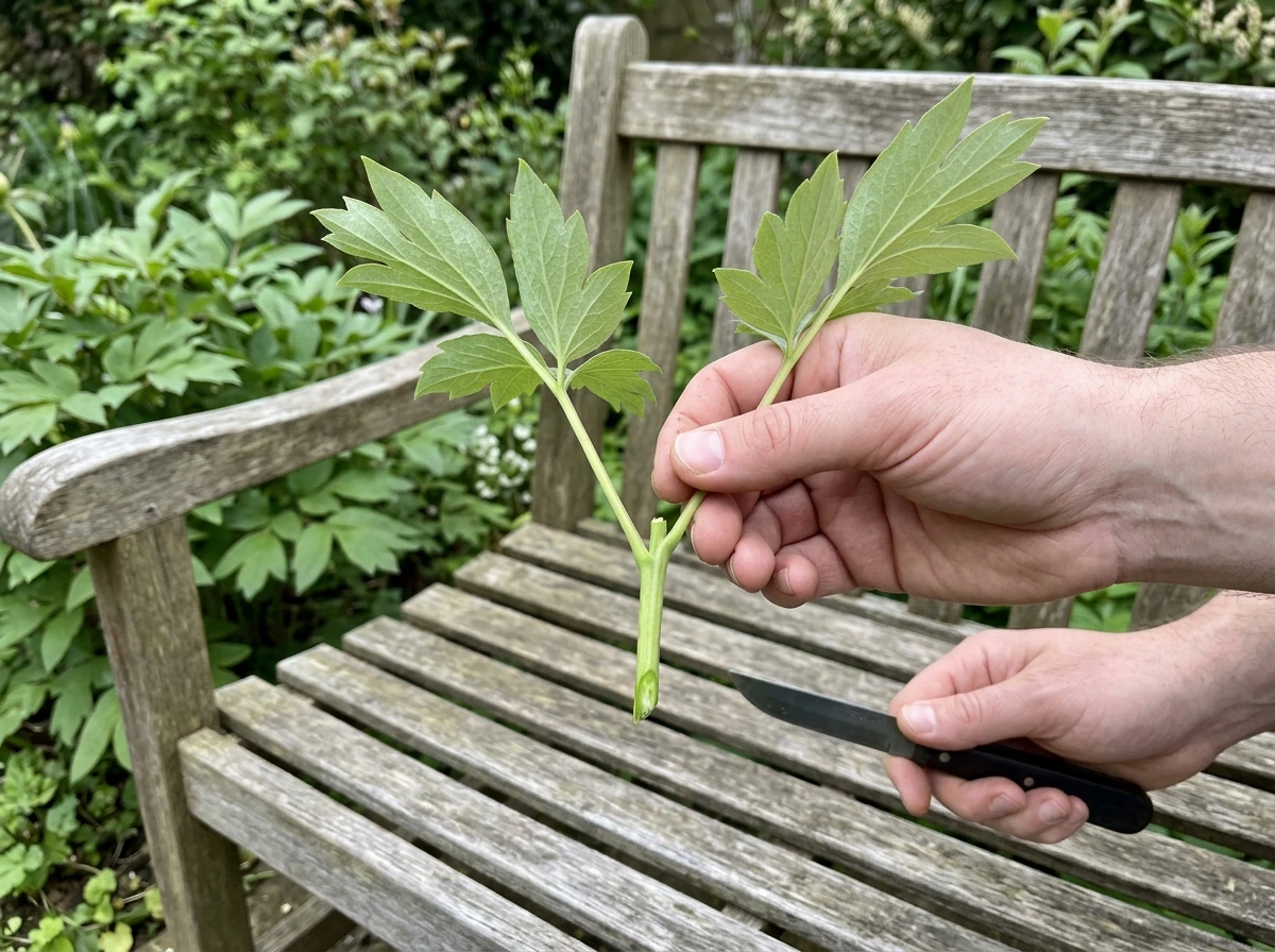Tree peony softwood stem cutting with visible nodes being prepared
