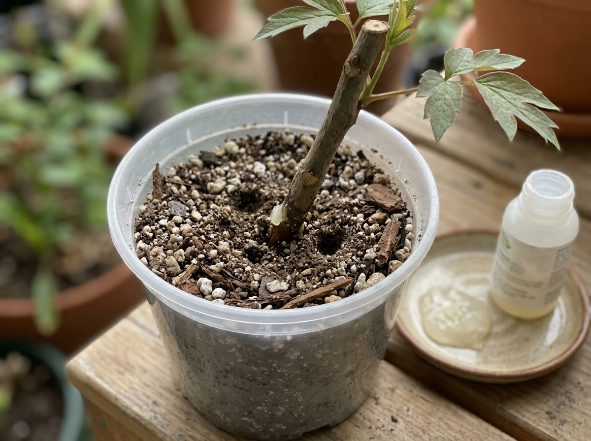 Tree peony cutting planted in a draining pot with rooting medium and hormone