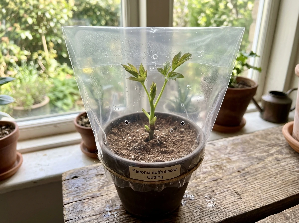 Tree peony cutting aftercare in bright indirect light with covered pot