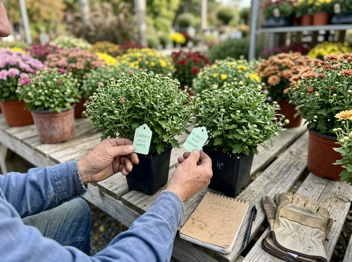 Perennial mum labeled garden cultivar in a pot, hardy variety selection