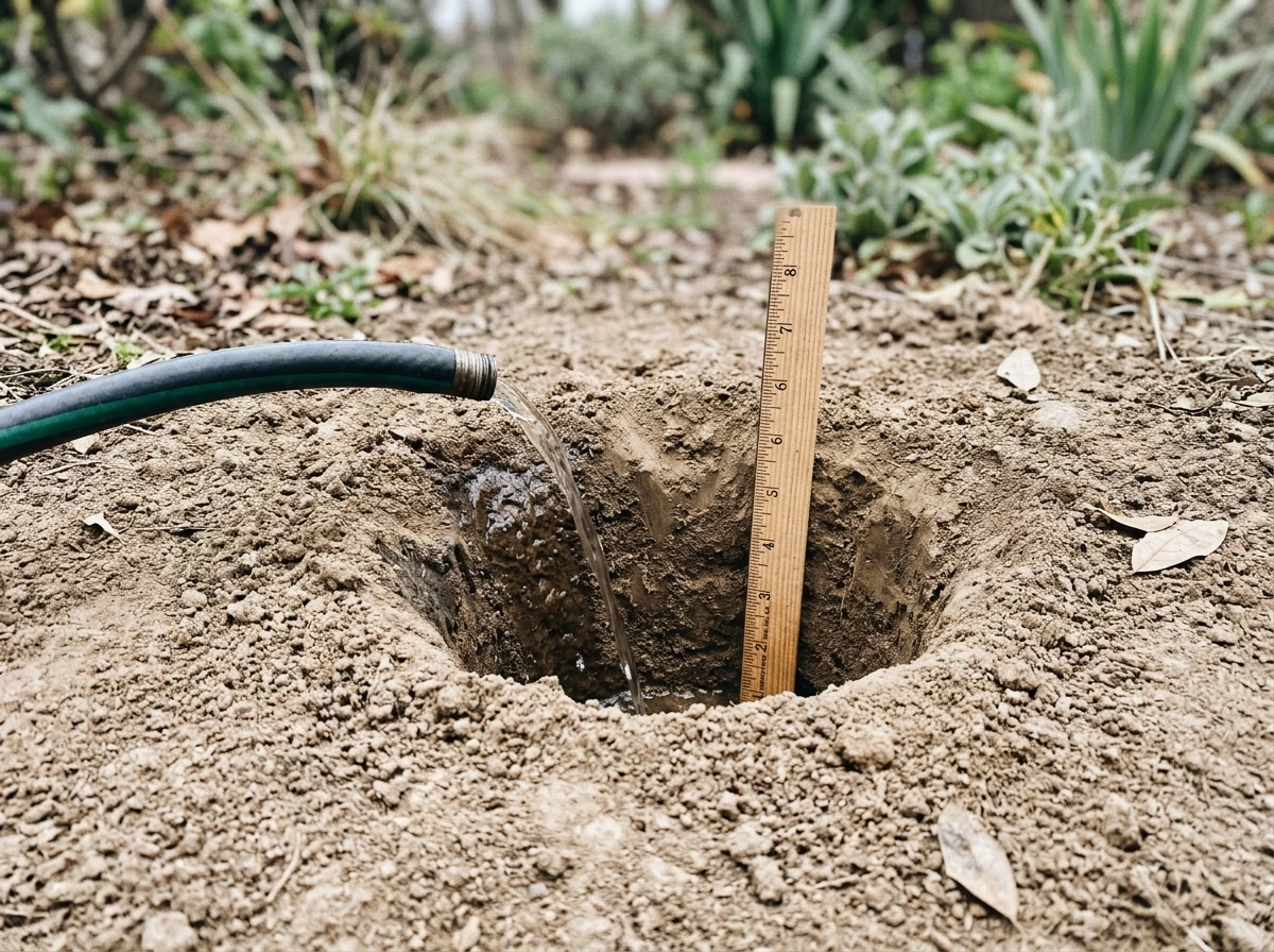 Water draining test: hose slowly filling a test hole with dry well-drained soil