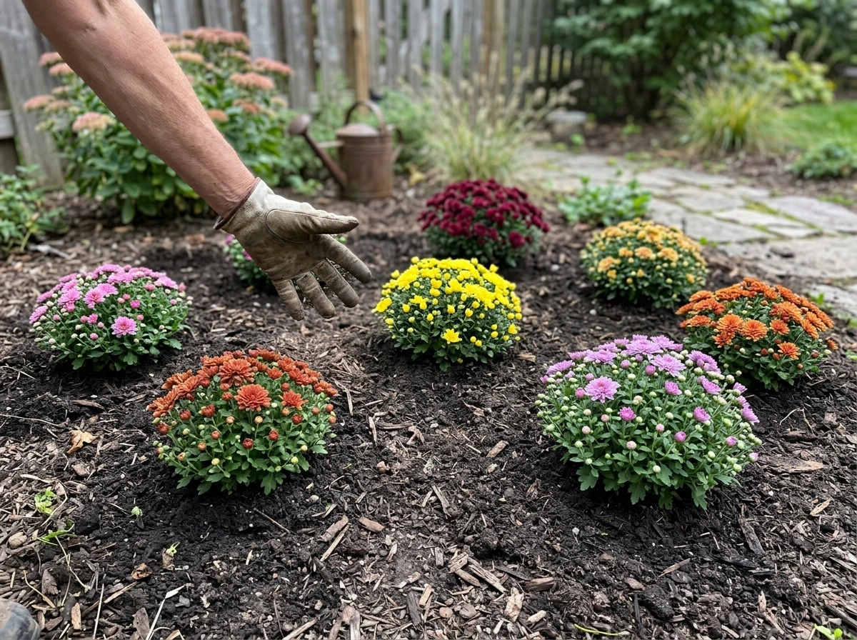 Spacing between mum clumps to prevent disease, plants not crowded