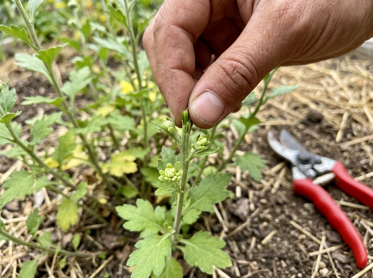 Pinching new growth on a mum stem with fingers