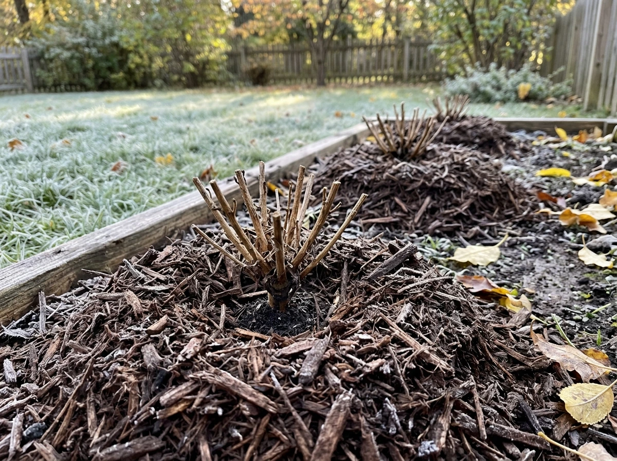 Overwintering protection: cut-back mums covered with mulch around the crown