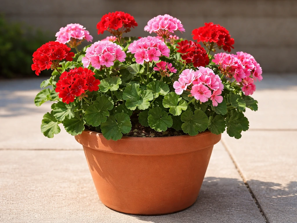 Lush potted geraniums with healthy green foliage in bright full-sun light