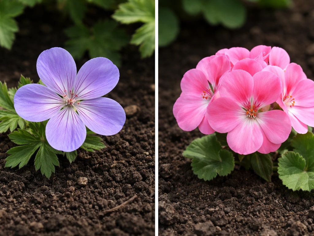 Close-up of two different flower heads—cranesbill and pelargonium—side by side to compare shapes.