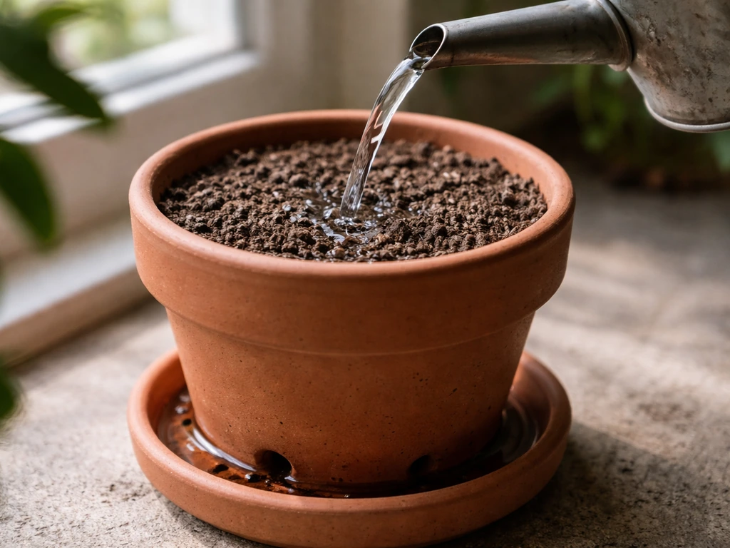 Terracotta pot with slightly dry soil being watered, drainage droplets visible on the saucer.