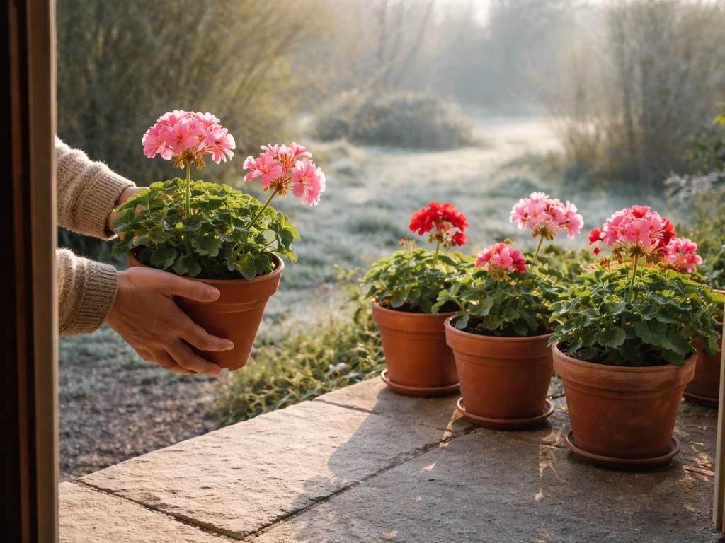 Potted pelargoniums moved outdoors after frost risk, with cool foggy morning in the background and warm sun on the plant