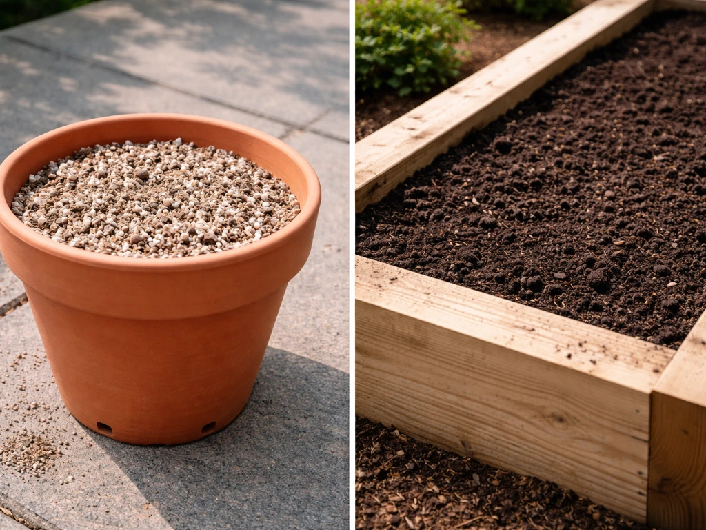 Two minimal garden setup scenes: a pot with drainage mix and a raised bed with amended soil