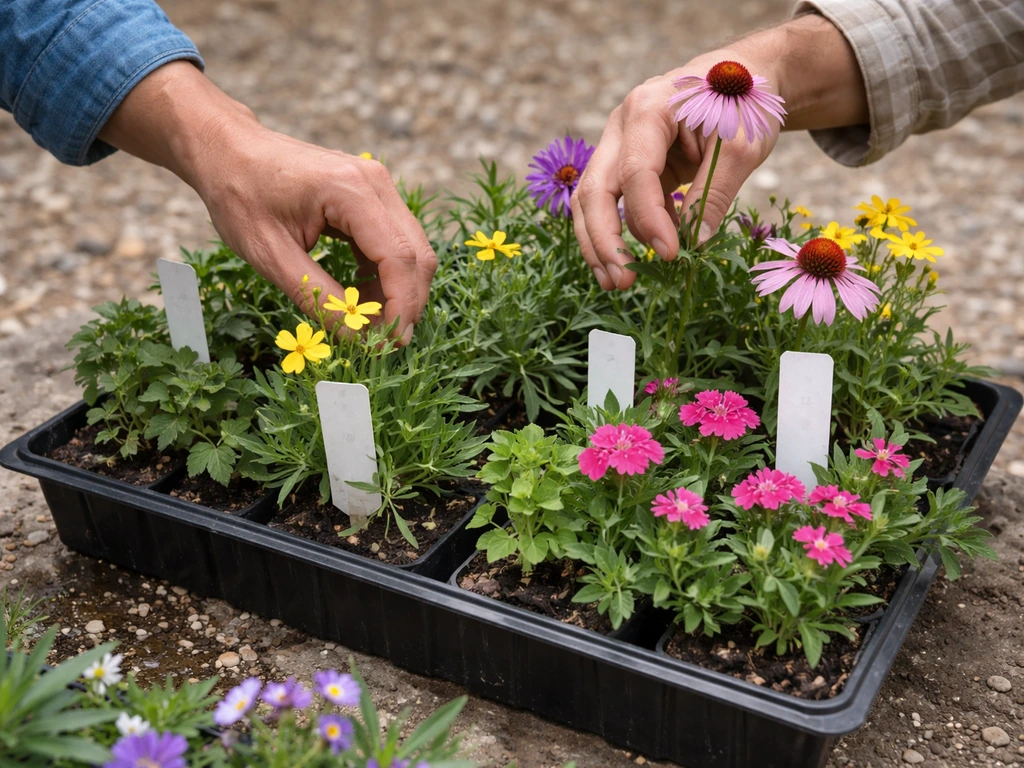 Gardening hands selecting potted perennials on a workbench with plain nursery tags out of focus.