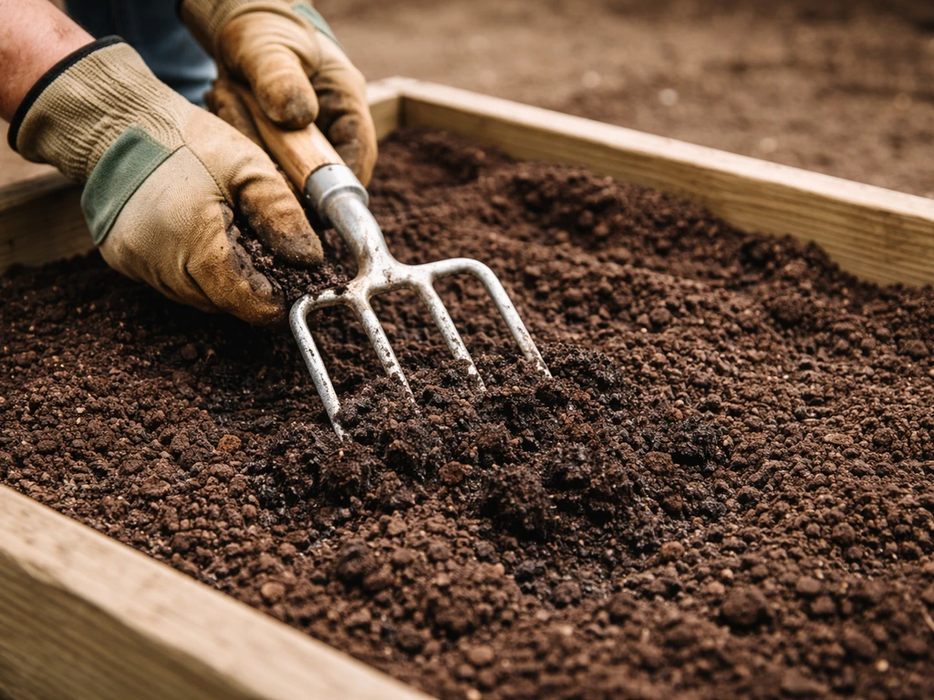 Hands using a garden fork to mix compost into raised bed soil before planting