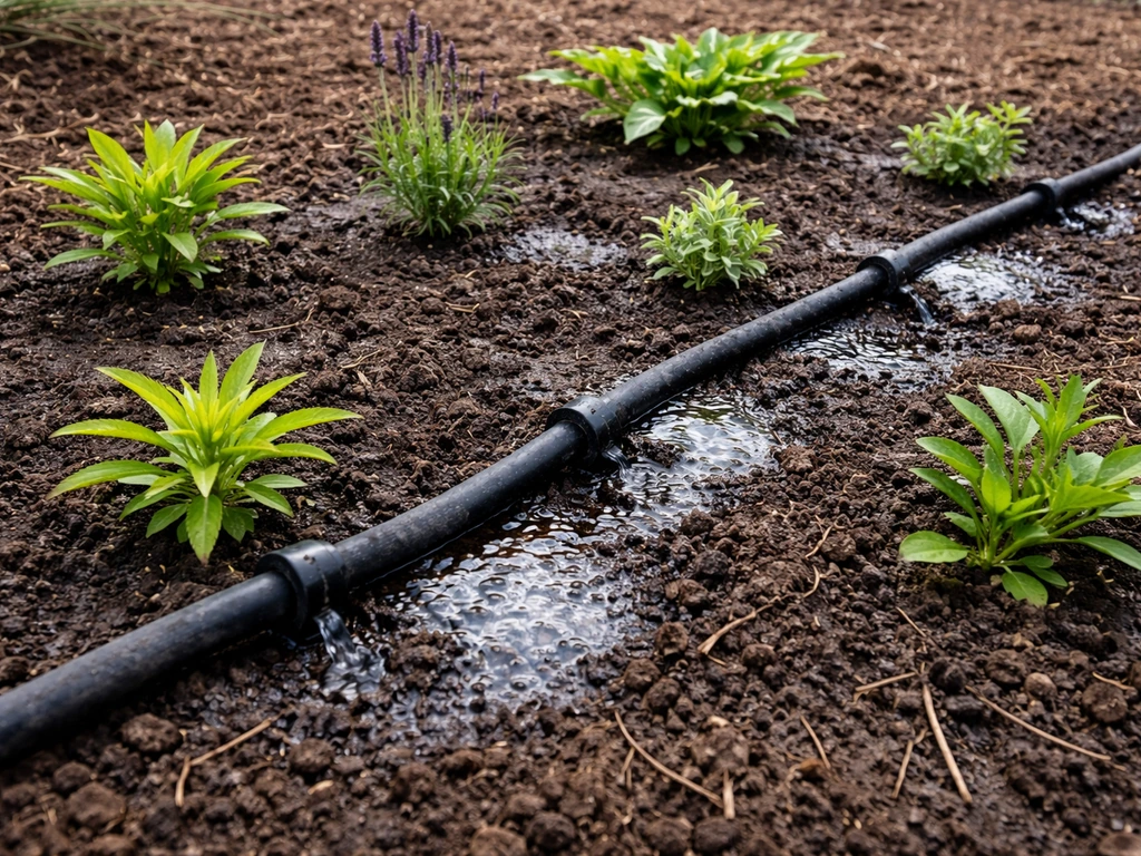 Drip irrigation line watering newly planted perennials at the base, wet soil and leaves in natural light.