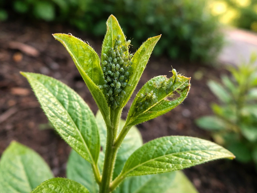 A close-up of perennial new growth covered with aphids and damaged leaves in a garden bed.