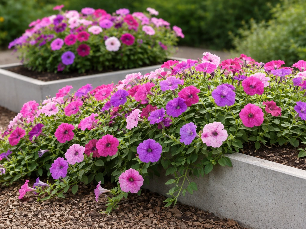 Close view of trailing wave petunias spilling over a planter, with a few upright petunia stems in the background