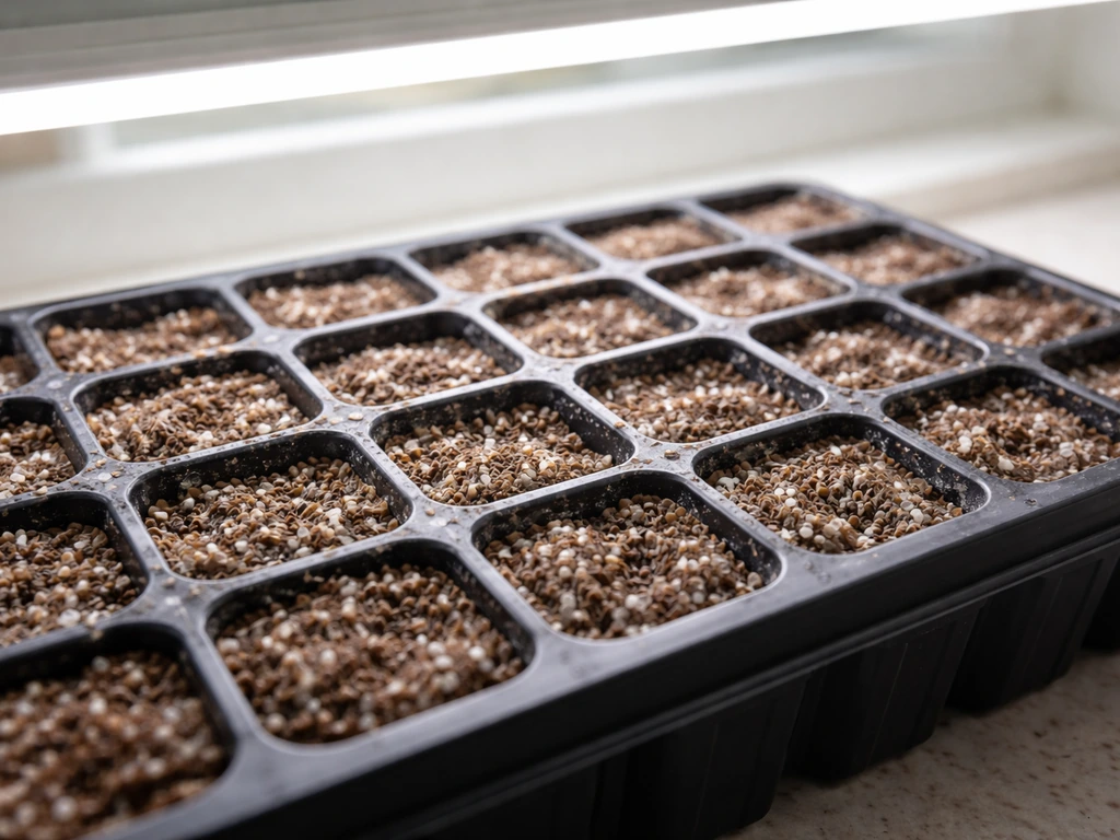 Indoor seed-starting tray under grow lights with tiny wave petunia seeds just covered and lightly misted.
