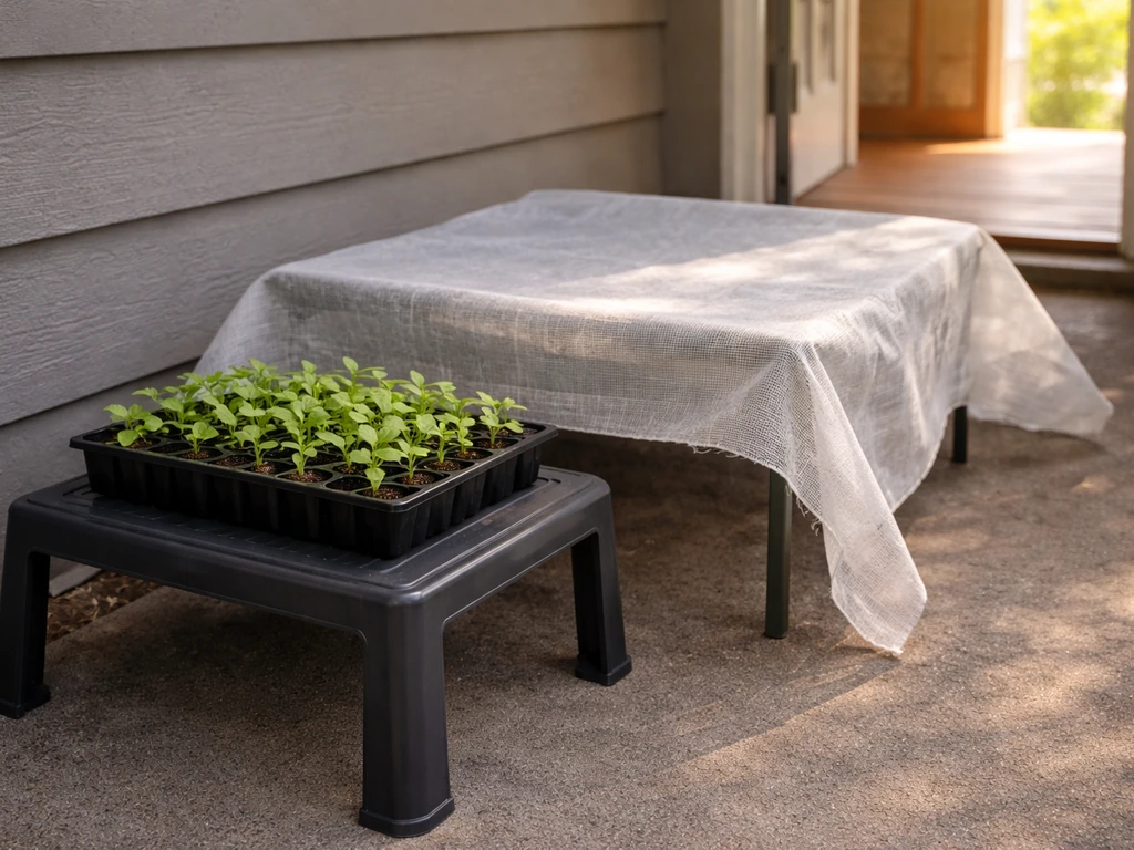 Seedlings in a tray on a porch with a protective shade cloth for gradual sun exposure.