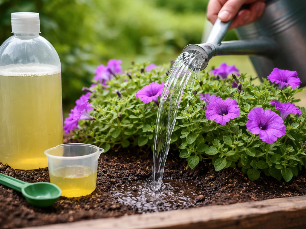 Watering can pouring at plant base beside a liquid fertilizer bottle and measuring spoon in a garden bed.