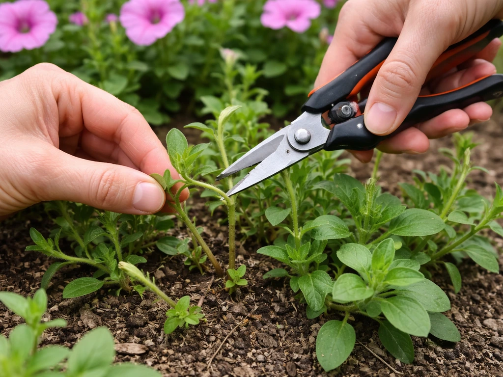 Hands pruning a leggy wave petunia with shears, showing fresh growth after cutback