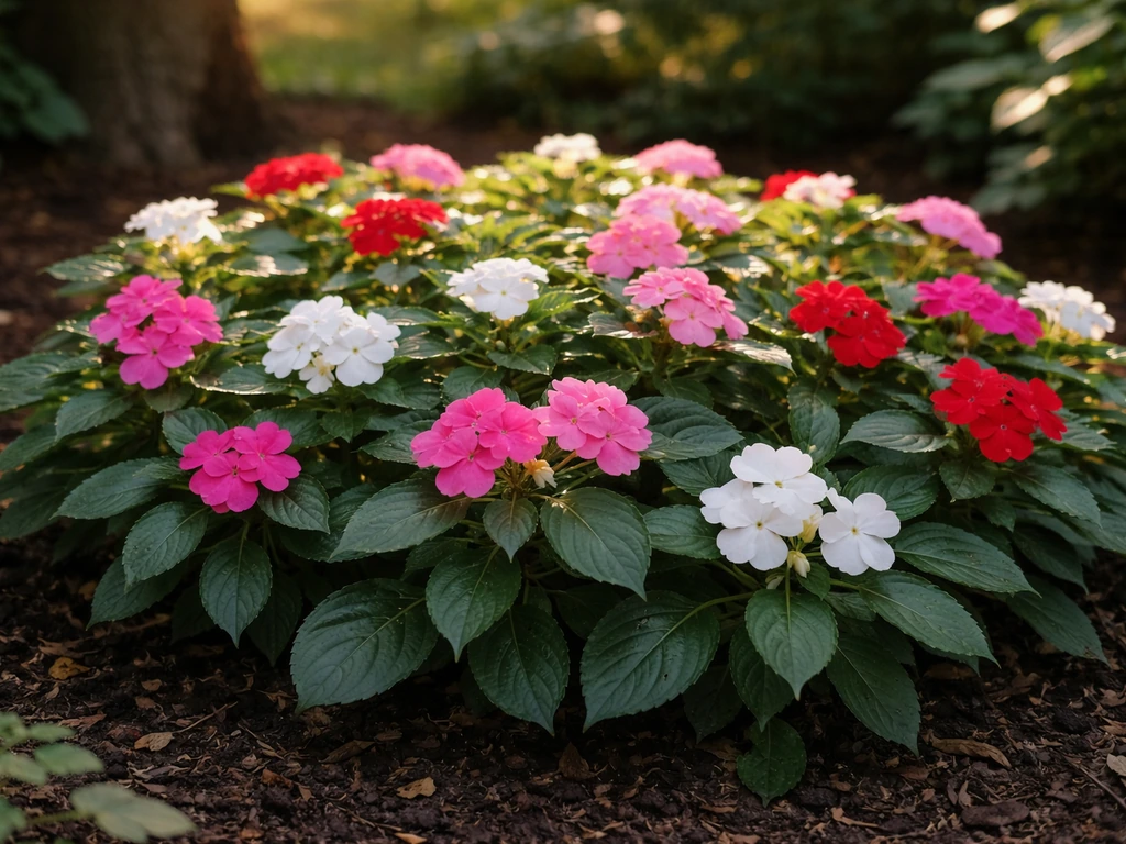 Impatiens bed with morning sun and dappled shade, showing partial-shade growing conditions.