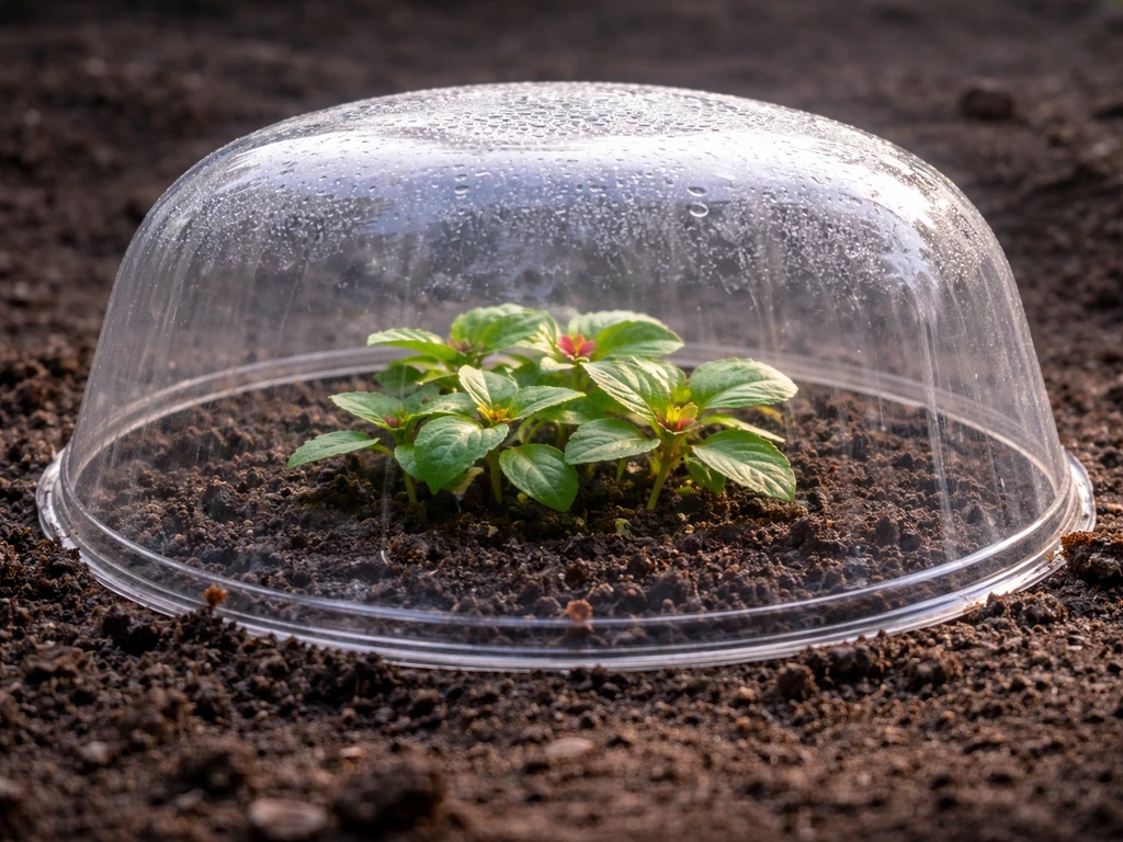 Impatiens seedlings under a clear low garden cloche, protected from cool night temperatures.