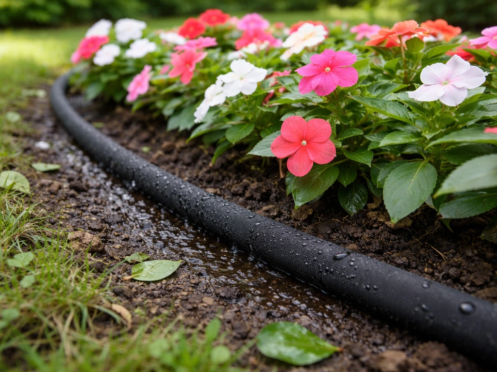 Soaker hose watering impatiens in a small garden bed, soil evenly moist with no splashing.