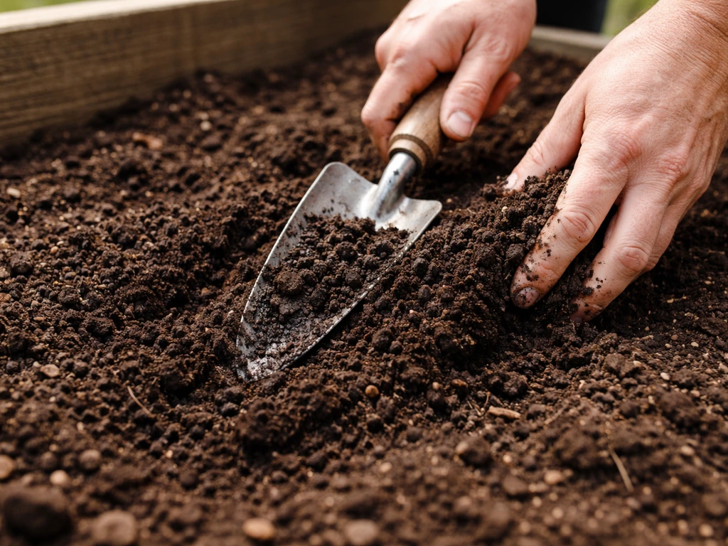 Close-up of dark compost being mixed into top layer of planting bed soil with a small trowel.