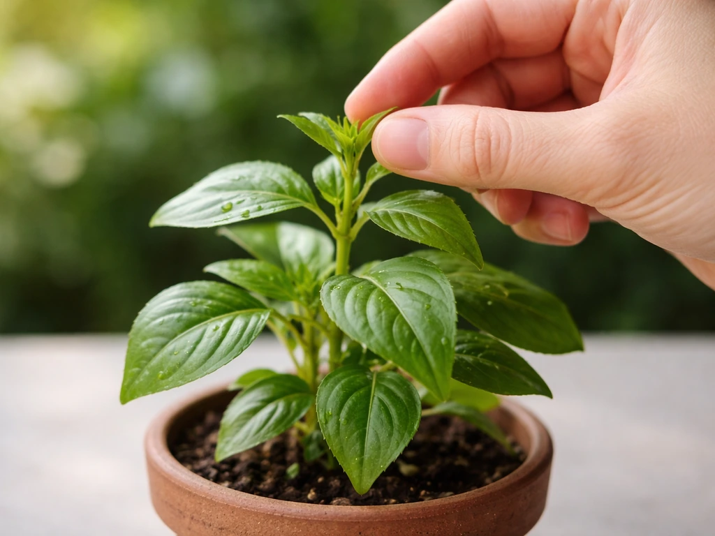 Hand pinching the growing tip of an impatiens stem to encourage bushy growth