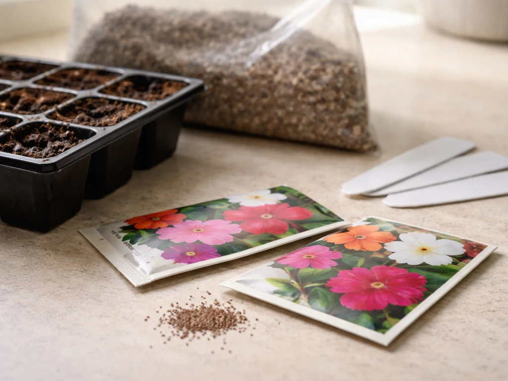 Close-up of New Guinea impatiens seeds and seed-starting supplies on a tabletop.