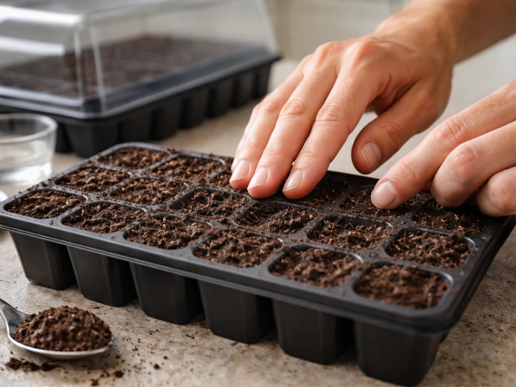 Close-up of hands sowing New Guinea impatiens seeds into damp seed-starting mix in covered tray
