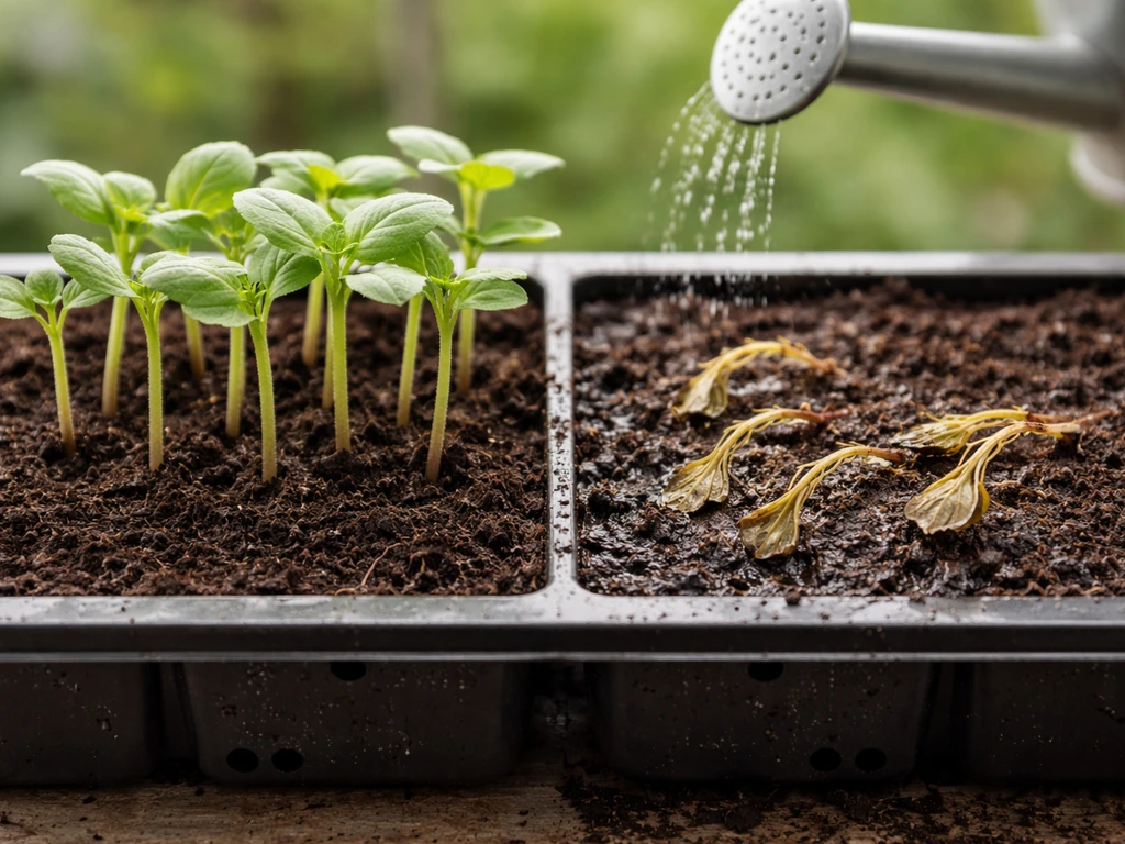 Seedling tray showing upright healthy seedlings beside collapsed damping-off seedlings at the soil line.