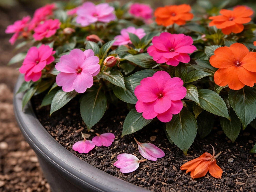 New Guinea impatiens in an outdoor container with continuous blooms and a few spent petals at the base.